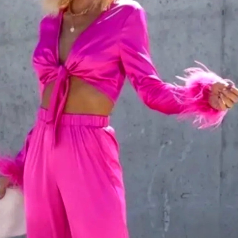 NWOT Vici Collection “Sassy But Classy” Fuchsia Satin Feather Trim Crop Top 💖✨